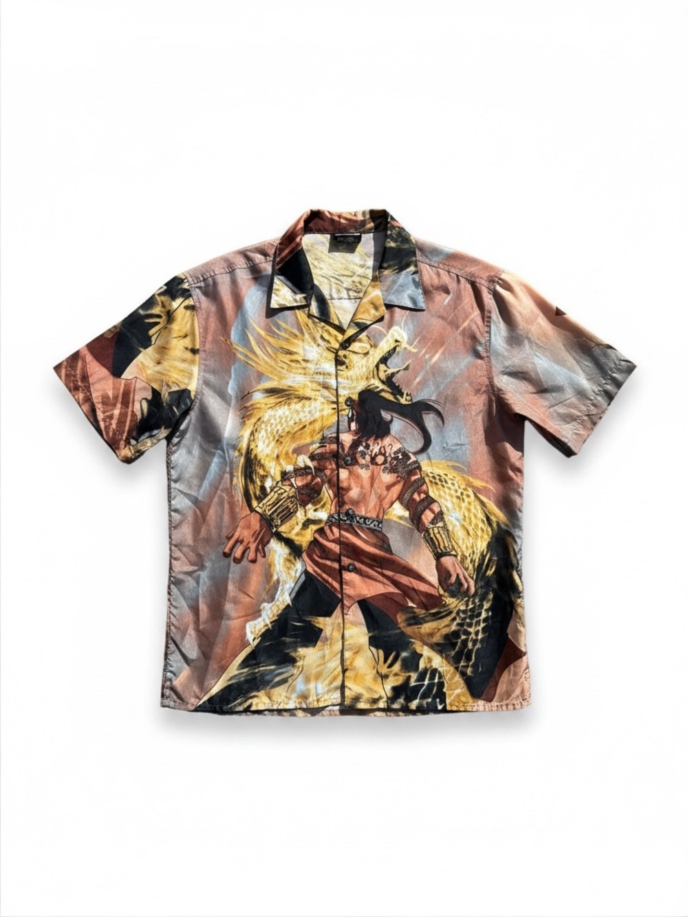 Y2K Claudio Nucci Graphic Dragon Print Short Sleeve Shirt - Brown/Gold Mens Med